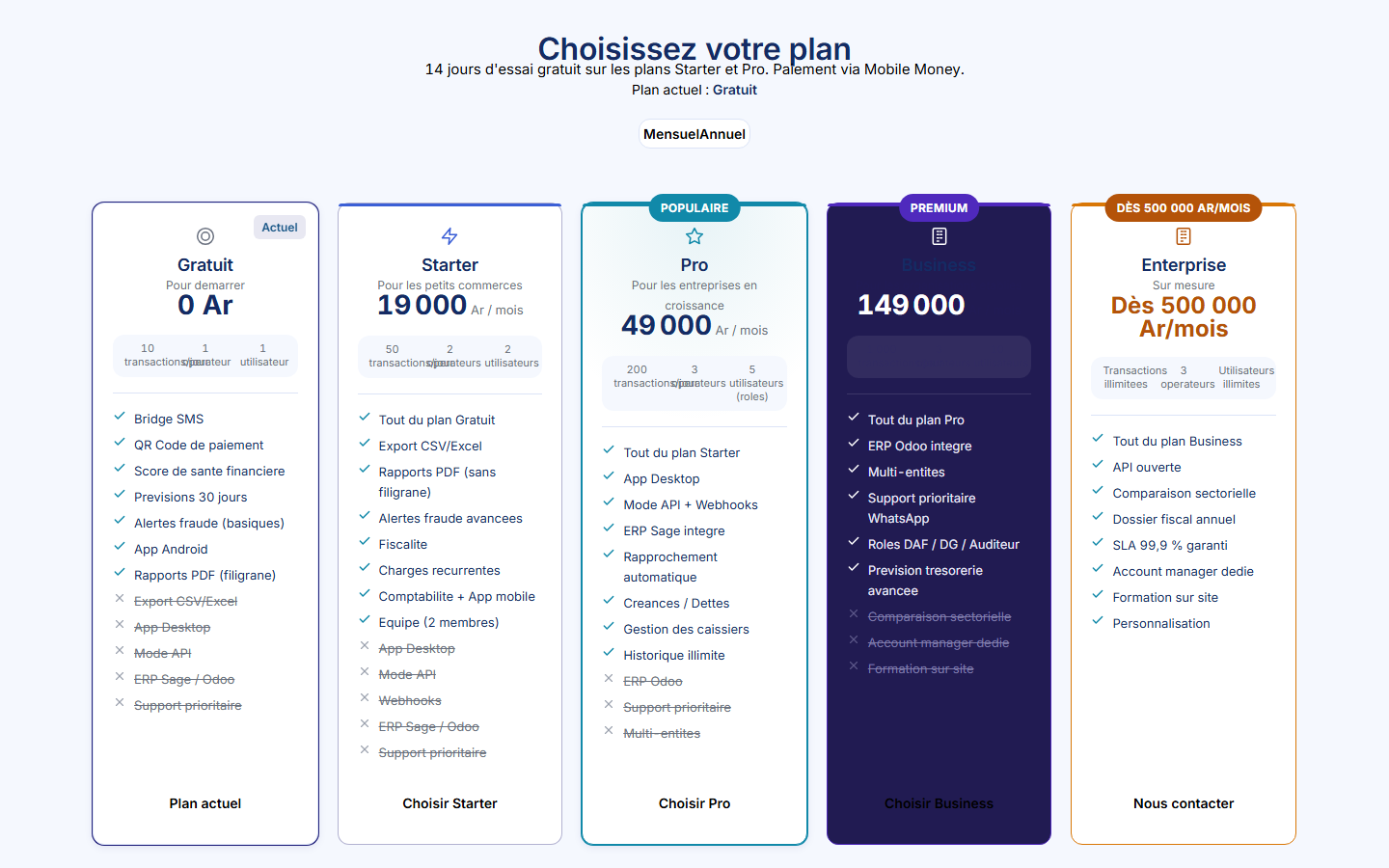 Écran Abonnement Fihary — plan actif, historique et paiement Mobile Money