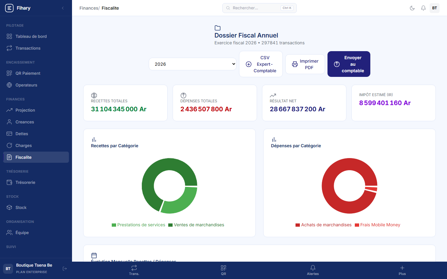 Module fiscal Fihary — plan comptable PCG 2005, TVA 20 %, IR et e-Hetatra