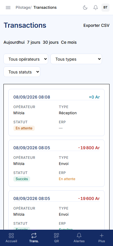 Application mobile Fihary — transactions en temps réel