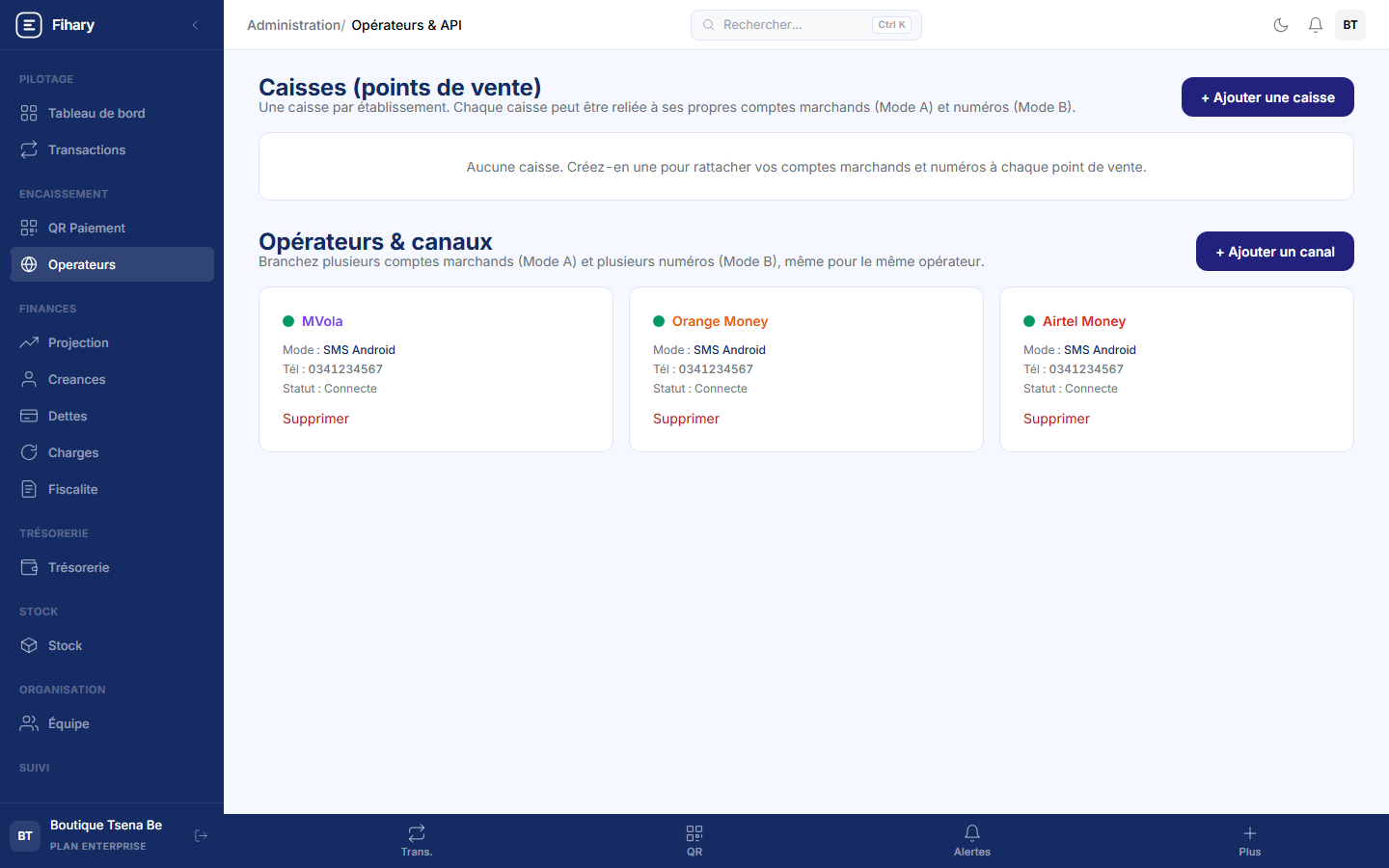 Configurations opérateurs Fihary : MVola, Orange Money et Airtel Money connectés