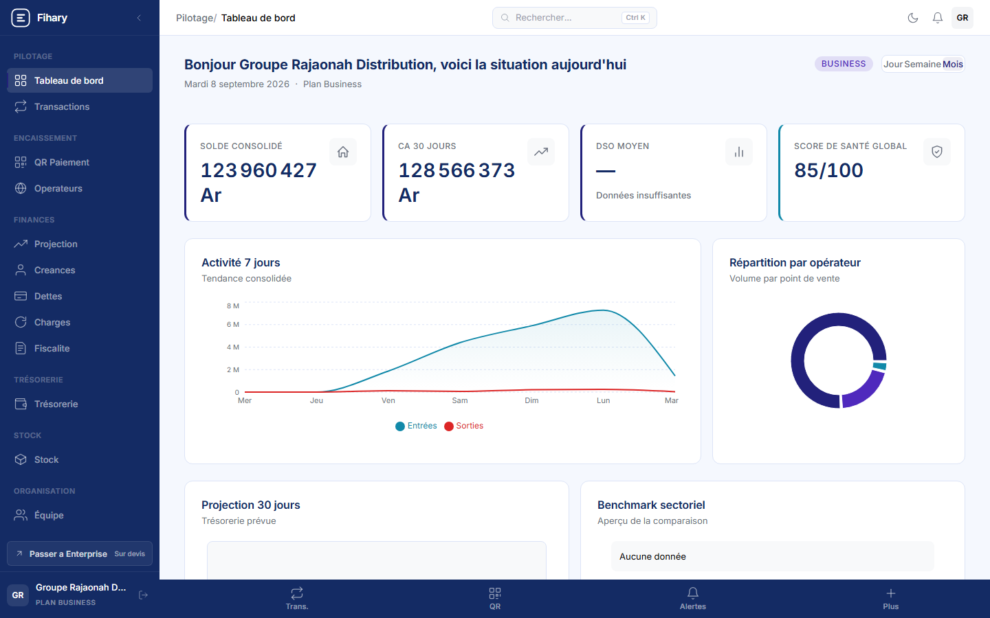 Dashboard du plan Business — Groupe Rajaonah Distribution, un groupe multi-caisses