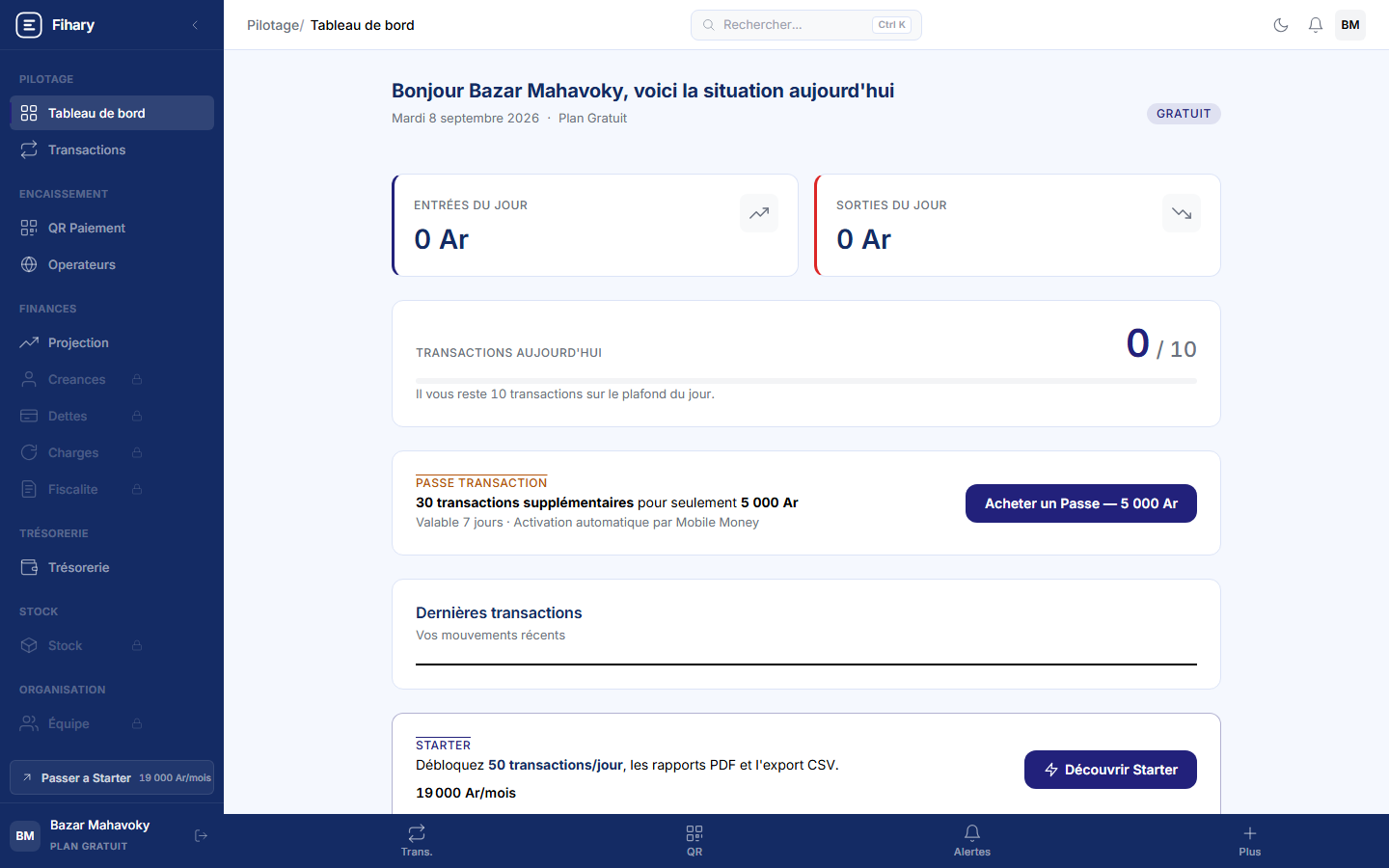 Dashboard du plan Gratuit — Bazar Mahavoky, une épicerie de quartier avec quelques transactions par semaine