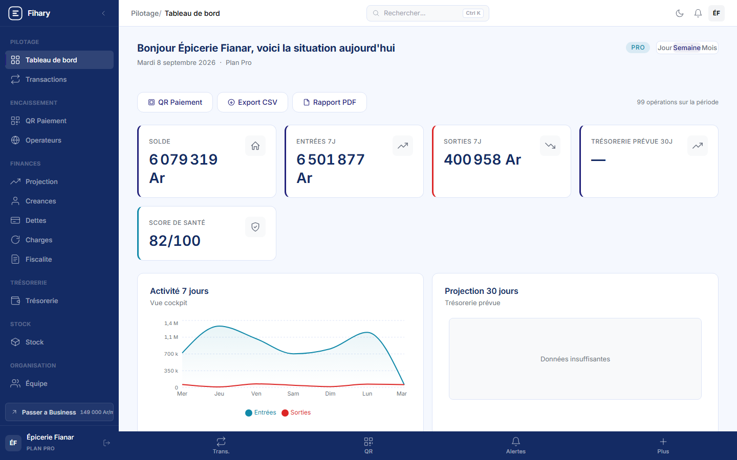 Dashboard du plan Pro — Épicerie Fianar, un commerce établi avec une quinzaine de transactions par jour