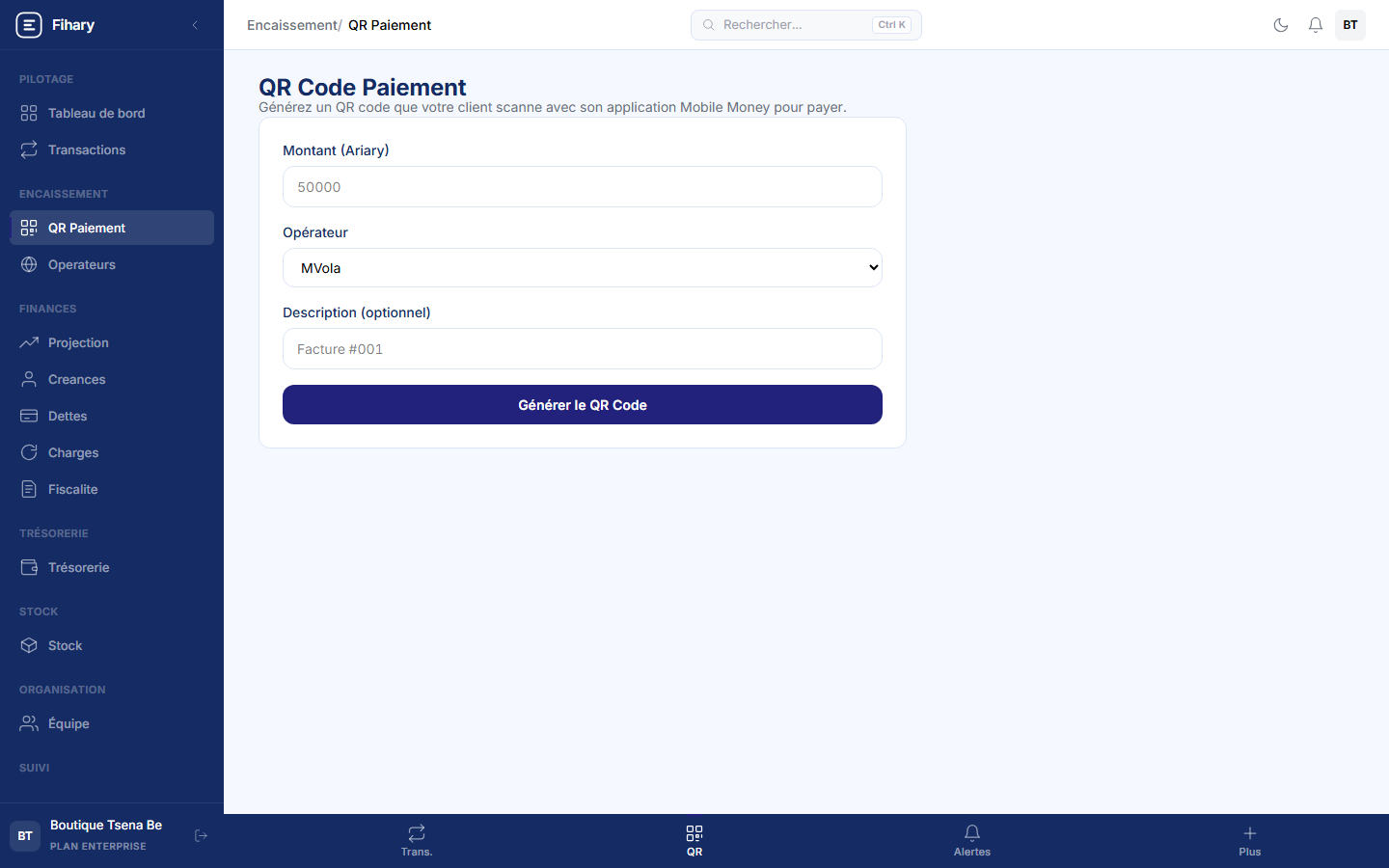 Écran QR Paiement Fihary : montant exact, opérateur et description pour chaque vente