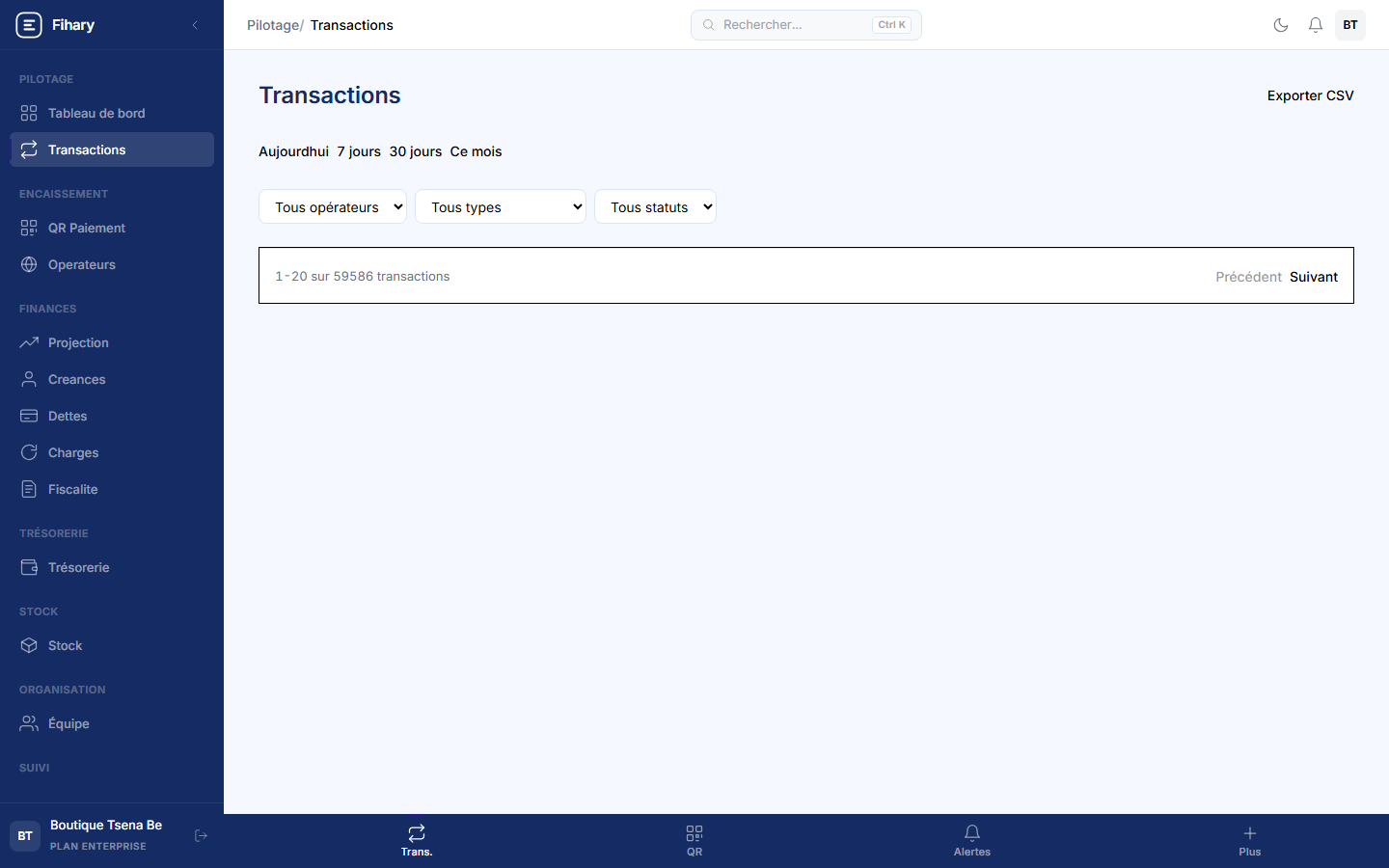 Liste des transactions Fihary : filtres par opérateur, montants et statuts, export CSV